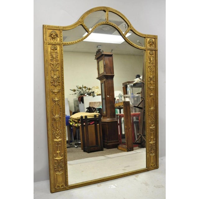 Antique French Neoclassical Gold Figural Gesso Large 76x54 Trumeau Floor Mirror. Item features a large impressive size,...