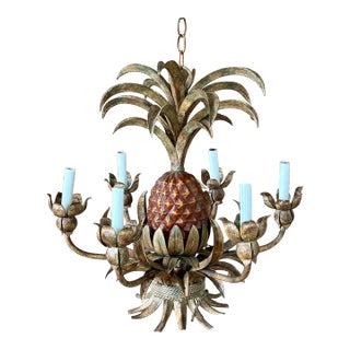 Vintage Coastal Regency Tole Metal Pineapple Chandelier For Sale