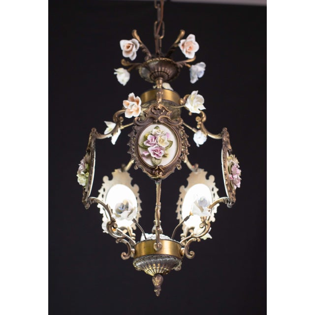 1970s Vintage Art Nouveau Style Italian Ceramic Flower Chandelier, 1970 For Sale - Image 5 of 10