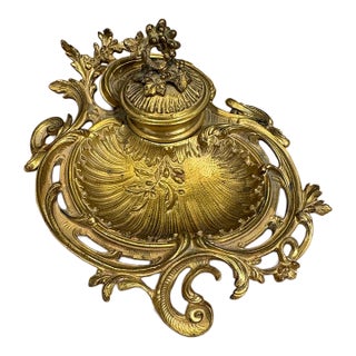 Antique French Brass Inkwell & Stand For Sale
