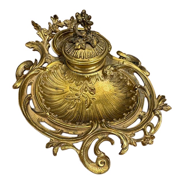 Antique French Brass Inkwell & Stand For Sale