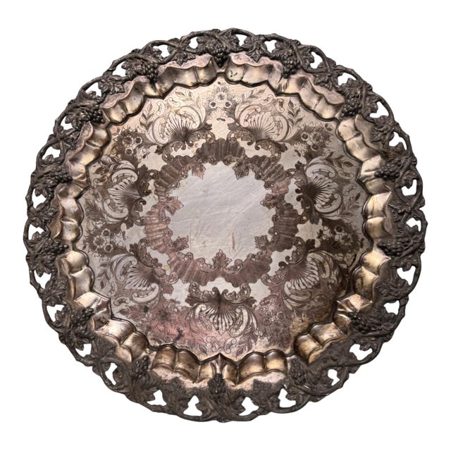 Antique Sheffield Silver Plate Round Paw Footed 23.5" Serving Tray Grape & Vine For Sale