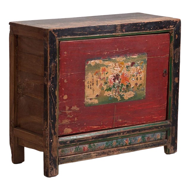 Antique Chinese Qing Dynasty Gansu Cabinet in Painted Pine For Sale