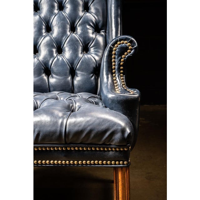 Cornflower Blue Vintage Tufted Leather Chesterfield Armchair in Cornflower Blue For Sale - Image 8 of 8