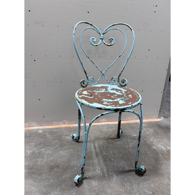 Early 20th Century Antique French Wrought Iron Heart-Back Bistro Chairs, Pair, Original Chippy Blue Paint For Sale - Image 5 of 10