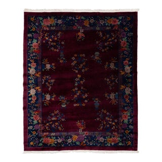 1920s Antique Chinese Art Deco Plum Wool Rug With Floral Vases & Navy Border For Sale