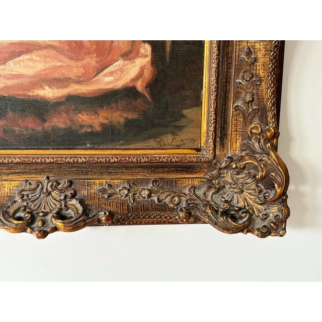 An antique Dutch oil painting on linen of a lady with a pink dress sitting and drinking tea in a romantic and elegant...