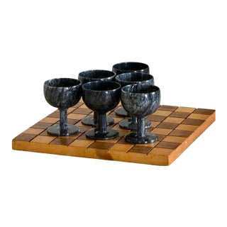 Carved Marble Stemware (6 Goblets) Displayed on Handmade Chess/Checkerboard 1969 For Sale