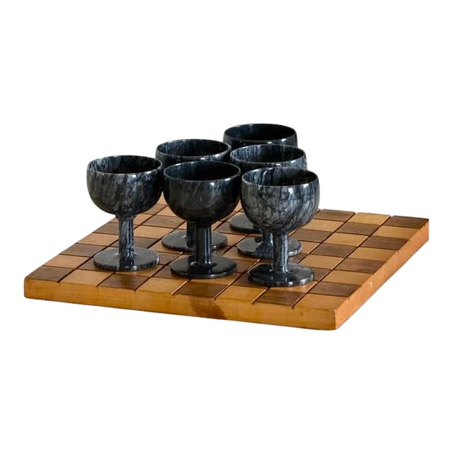 Carved Marble Stemware (6 Goblets) Displayed on Handmade Chess/Checkerboard 1969 For Sale