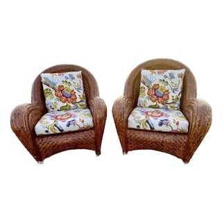 Vintage Pottery Barn Malabar Wicker Lounge Chairs - A Pair For Sale