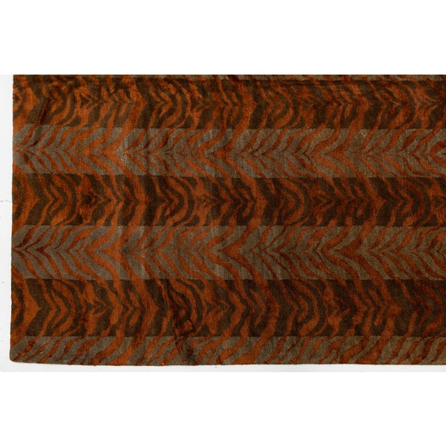 Modern Hand-Knotted Tibetan Wool & Silk Area Rug in Rust Terracotta & Espresso For Sale - Image 9 of 11