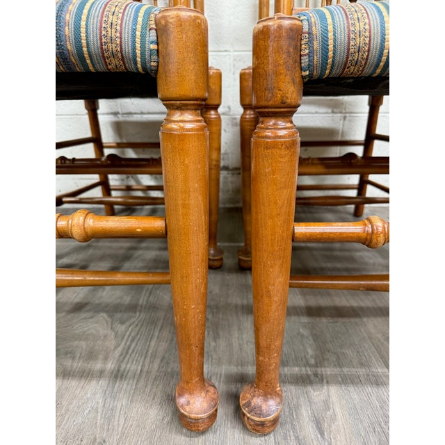 Blue Vintage Colonial Style Spindle Back Upholstered Dining Chairs - Set of 4 For Sale - Image 8 of 13