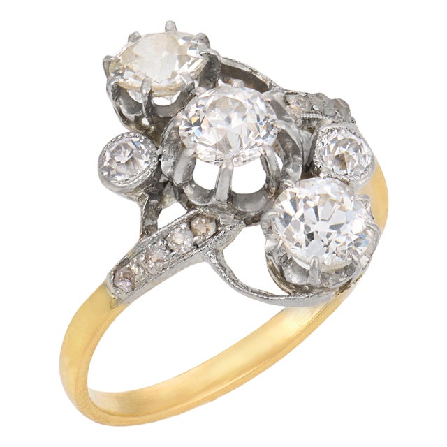 1910s Edwardian Diamond 18k Yellow Gold Platinum Ring, Size 5.5 For Sale