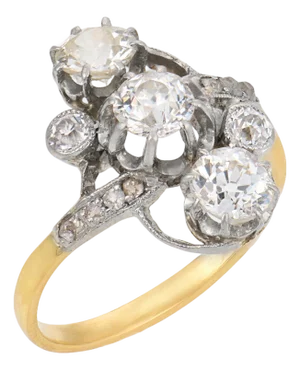 1910s Edwardian Diamond 18k Yellow Gold Platinum Ring, Size 5.5