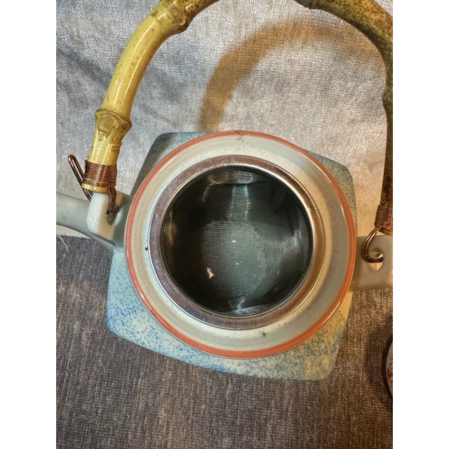 Chinese Late 20th Century Miyabi Yokohama Ceramic Teapot With Bamboo Handle Attached by Copper Wire & Tea Strainer For Sale - Image 3 of 7