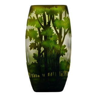 1960s Vintage French Cameo Etched Forest Art Glass Vase Galle Style For Sale