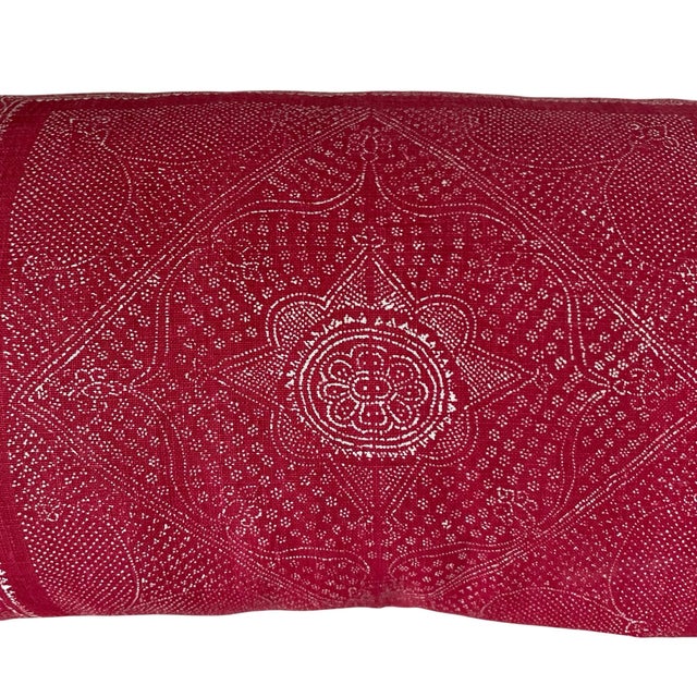 This 40" x12” Red and White Linen Block Print Boho Lumbar Pillow features a geometric bohemian pattern in a rectangular...