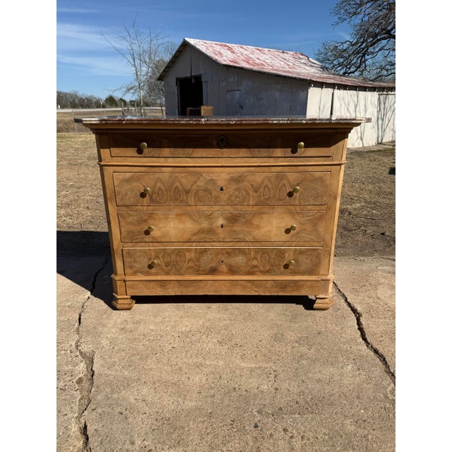 French Country 19th Century Louis Philippe Burl Walnut Bleached Marble Top Chest of Drawer / Commodes For Sale - Image 3 of 12