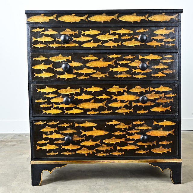 English Early 20th Century English Painted Chest with Fish Decoupage For Sale - Image 3 of 12