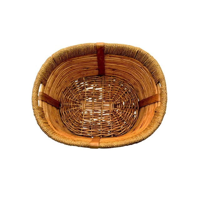 Rustic European Vintage Woven Oval Pencil Reed Basket W/ Rattan Rim & Wooden Straps For Sale - Image 3 of 10