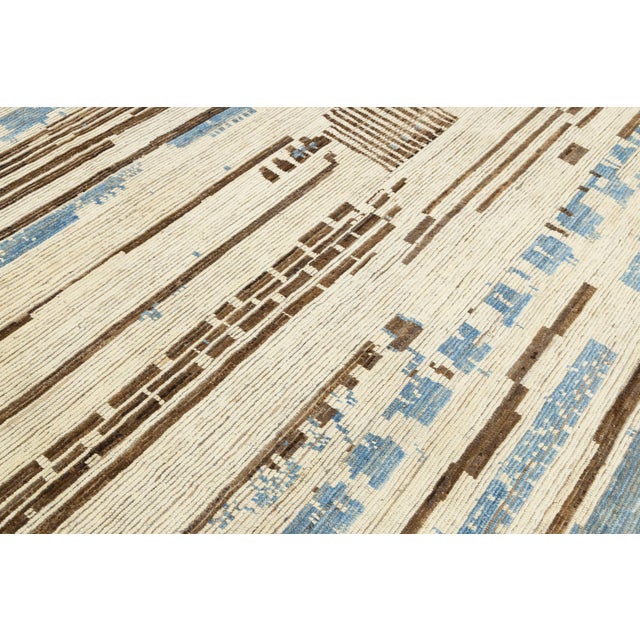Cream Contemporary Moroccan Style Wool Rug Abstract Cream Field With Blue Accents For Sale - Image 8 of 11