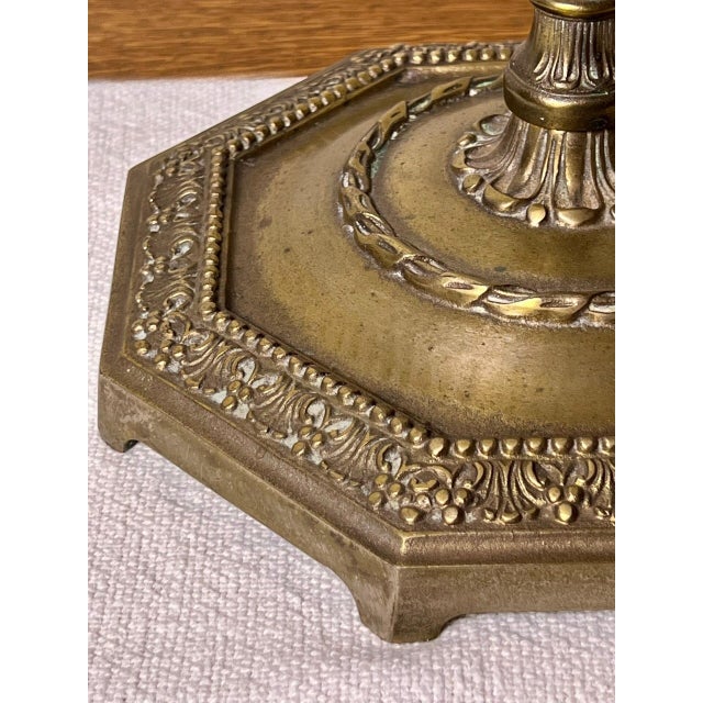 Antique French Neoclassical Tall Columnar Gilt Iron Two Light Table Lamp For Sale - Image 10 of 17