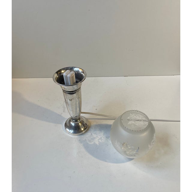 Small Art Deco Silver-Plated Table Lamp with Etched Glass Dome, 1930s For Sale - Image 9 of 10