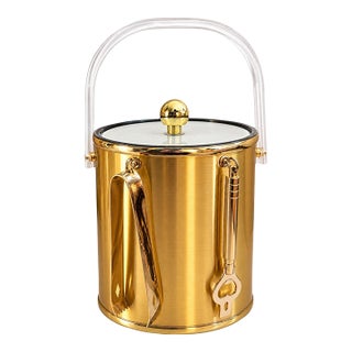 Vintage Mid-Century Modern Gold-Tone Ice Bucket With Lucite Handle, Lid, Tongs & Bottle Opener For Sale