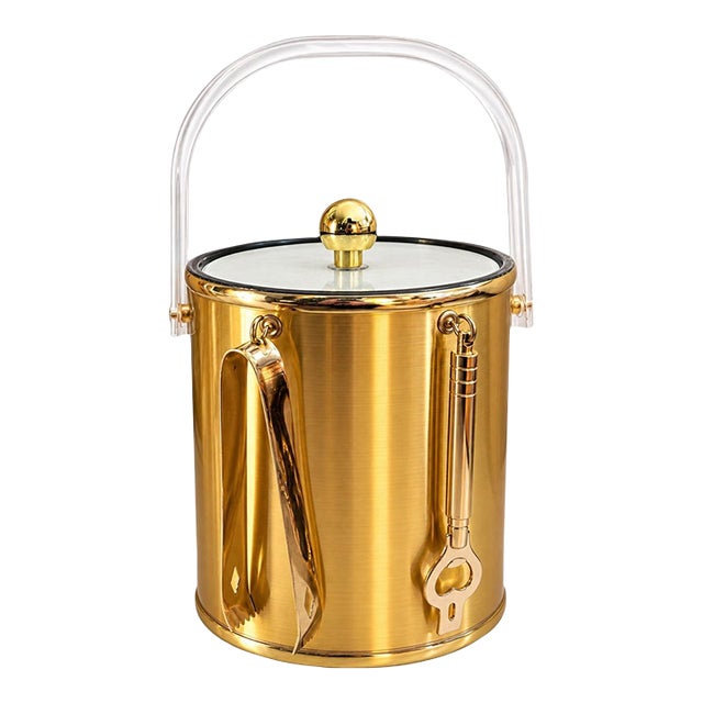 Vintage Mid-Century Modern Gold-Tone Ice Bucket With Lucite Handle, Lid, Tongs & Bottle Opener For Sale