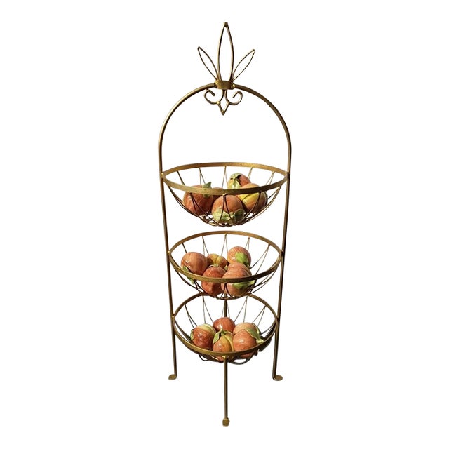 1970s Hollywood Regency Gilt Metal 3 Tier Fruit Basket With Italian Ceramic Apples For Sale