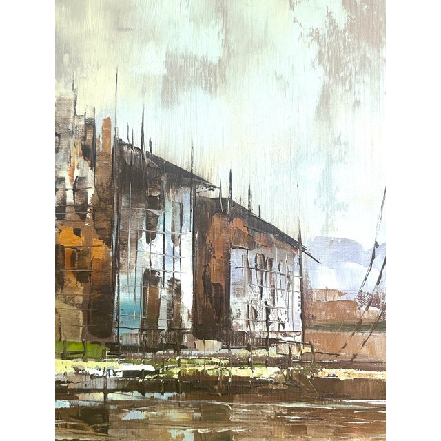 Brown Large Nautical "Ships in Harbor" Oil Painting by M. Runci For Sale - Image 8 of 12