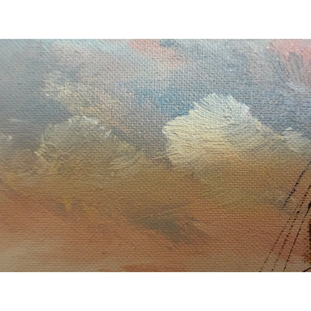 This striking vintage oil painting depicts two majestic sailing ships engaged in a dramatic naval encounter upon a rolling...