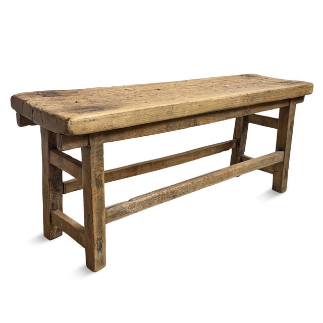 Rustic Vintage Rustic Elm Village Bench For Sale - Image 3 of 6