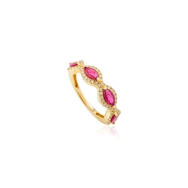 Diamond Ruby Marquise Cut 14k Gold Wedding Band Size 6 For Sale - Image 4 of 15