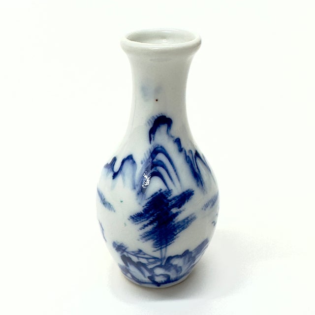 Ceramic Blue & White Illustrative Hand Painted Petite Bud Vases - Set of 6 For Sale - Image 7 of 8