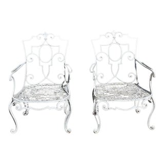 Mid 20th Century Vintage Wrought Iron Provence Scroll Arm Chairs - A Pair For Sale