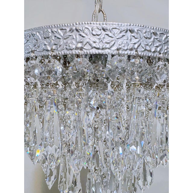 1960s Vintage Crystal Upside Down Waterfall Chandelier With Ornate Silver-Tone Rim For Sale - Image 5 of 10