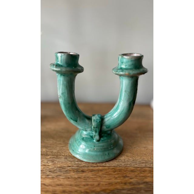 1940s C.A.S.Vietri Double Candle Holder in Turquoise Glaze-Italy For Sale In Houston - Image 6 of 6