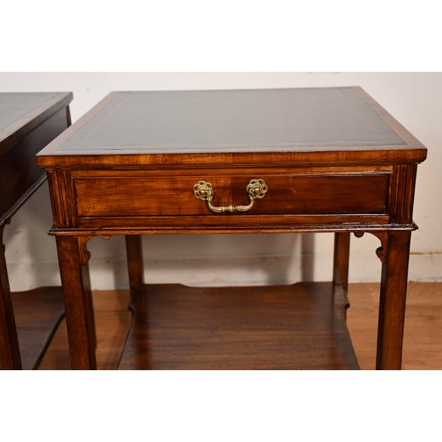 1930s Pair of English Regency Mahogany Green Leather Top Accent Side Tables For Sale - Image 6 of 18