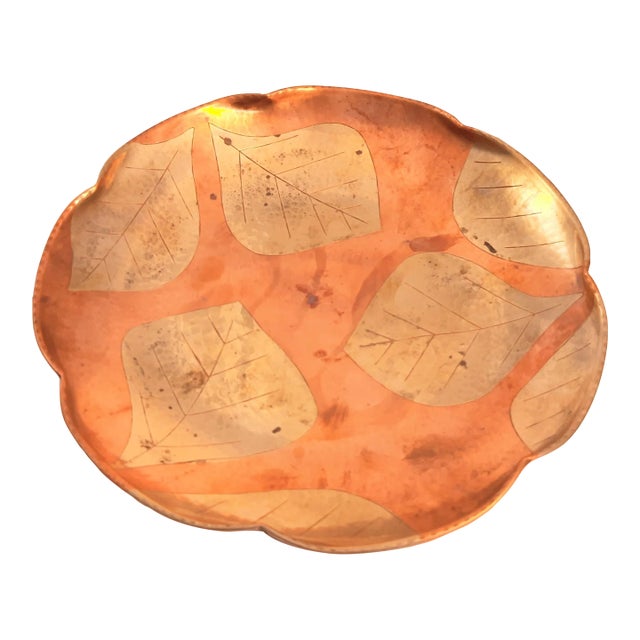 Vintage Copper Brass Leaf Scallop Tray Fall Decor For Sale