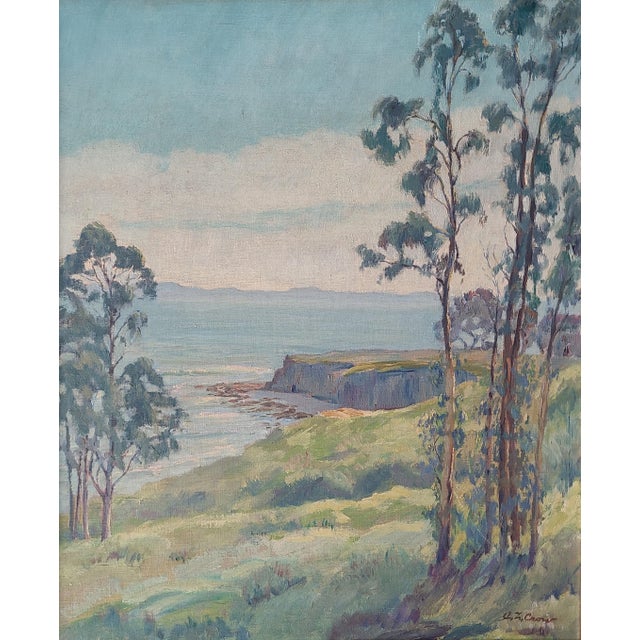 Exceptional 1930's oil painting depicting a serene coastline in Santa Barbara, CA complete with eucalyptus trees, sea...