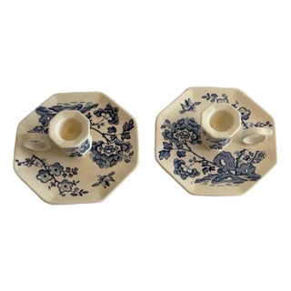 Vintage Mason's Manchu Blue White Ironstone Chamberstick Candle Holders Pair For Sale