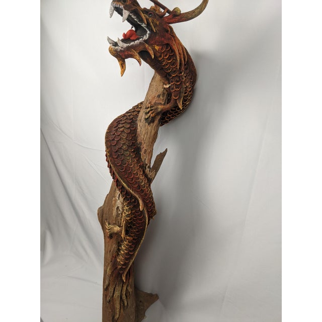Mid 20th Century Monumental Hand-Carved Asian Dragon Coiled Around Natural Tree Trunk Sculpture With Original Polychrome Finish 40" For Sale - Image 13 of 18
