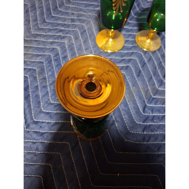 Early 20th Century Early 20th Century Late Victorian Bohemian Emerald Green Enameled & Gilt Art Glass Beverage Set With Pitcher and Six Goblets - 7 pcs For Sale - Image 5 of 6
