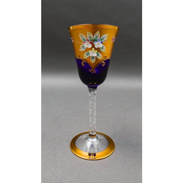 Mid 20th Century Tre Fuochi Venetian Glass Cobalt Blue 24k Gold Wine Glasses Set of 6 For Sale - Image 5 of 10