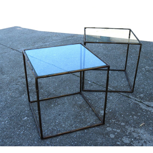 Maison Baguès French 1970s Pair of Side/Drink Tables in Glass Cube and Gold Metal Faux Bamboo Styled After Maison Baguès For Sale - Image 4 of 7