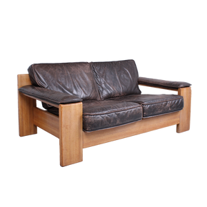 Brutalist Light Oak and Dark Leather Sofa by Harry de Groot for Leolux, 1970s