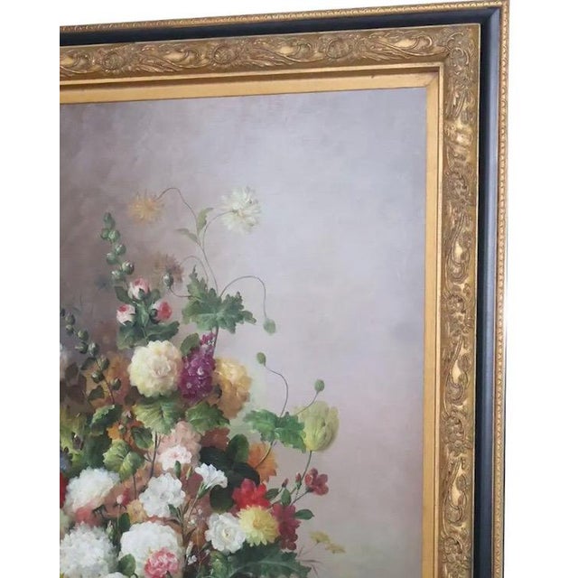 Gold Late 20th Century Monumental Floral Oil Painting in Large Gilt Frame, Signed L. Stewart For Sale - Image 8 of 15
