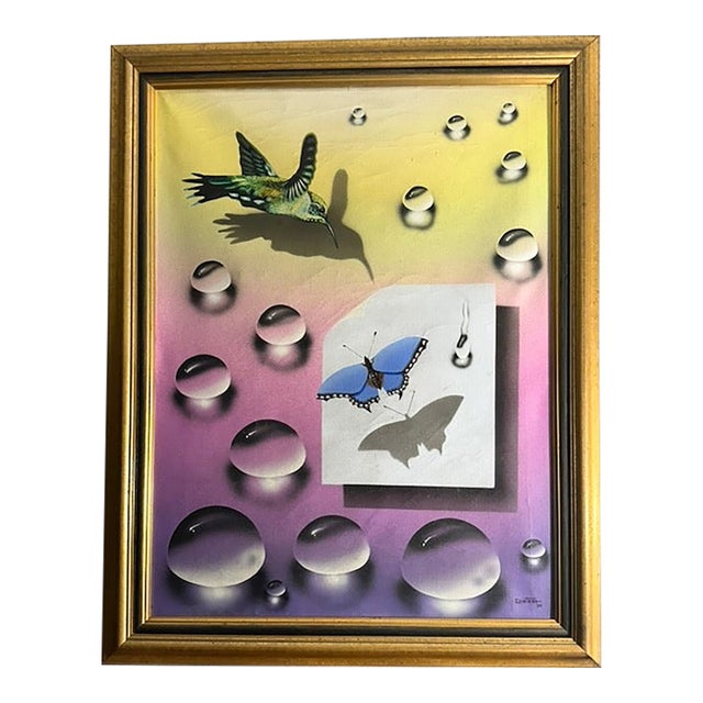 1997 Rolando Quintana "Hummingbird and Butterfly" Surrealist Water Droplet Painting For Sale