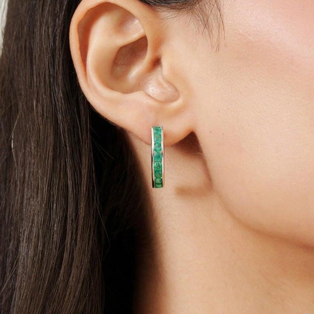 Green Green Emerald Channel Set Hoop Earrings in Sterling Silver, A Pair For Sale - Image 8 of 9